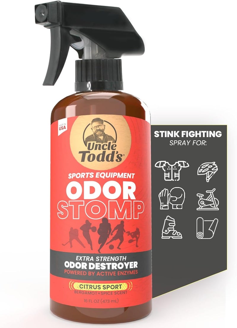 Uncle Todd's Uncle Todd’s Odor Stomp Sports Equipment Odor Eliminator Spray - Extra Strength Enzyme-Powered Deodorizer for Football, Hockey, Gym Bags, and Athletic Gear - Citrus Sport Scent - 16oz - Image 1